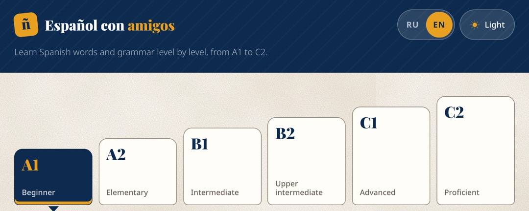 Home page of Español con amigos with levels A1 to C2
